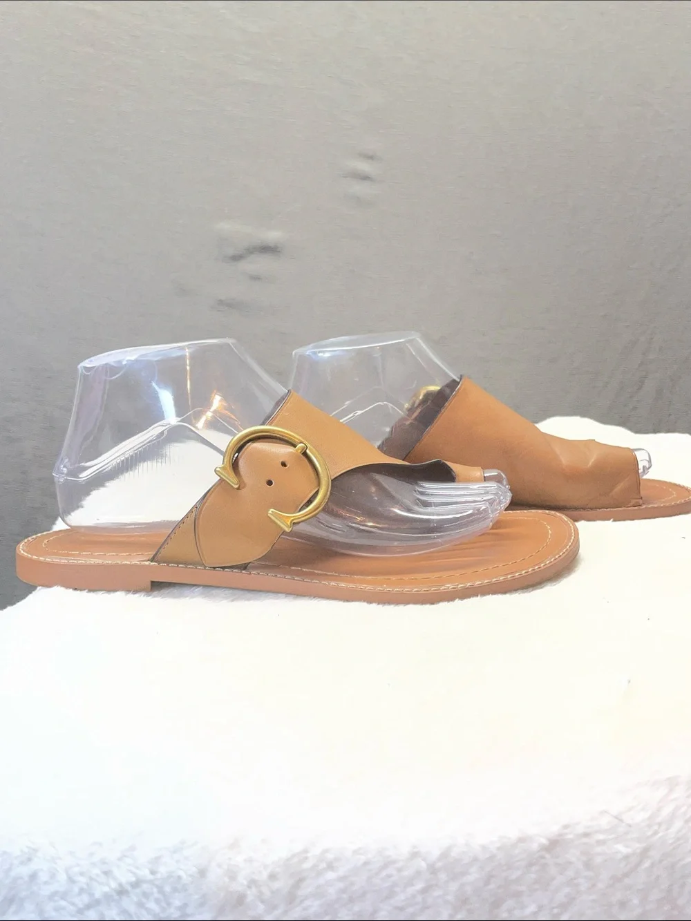 Coach Tan Leather Slide Sandals with Brass Ring Buckle